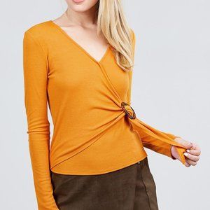 Long Sleeve V-neck Side Buckle Detail Rib Knit Top